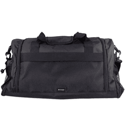 A black duffle bag with mesh pockets and dual handles, featuring a shoulder strap and branding.