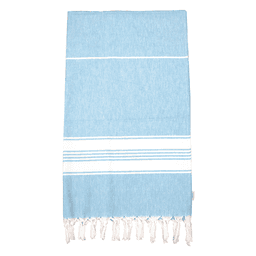 A light blue cotton Turkish towel with white stripes and fringed edges, featuring a logo.