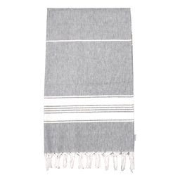 A grey and white 100% cotton Turkish towel with fringed edges and a simple striped pattern.