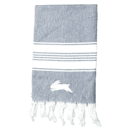 A 100% cotton Turkish towel in grey with white stripes and fringed edges, featuring a rabbit logo.