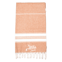 A 100% cotton Turkish towel in a warm orange hue with white stripes and frayed edges, featuring a logo.