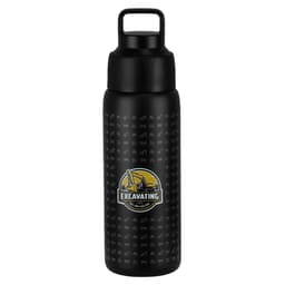 A drink bottle featuring a textured black design and a prominent logo, with a sturdy lid and handle.