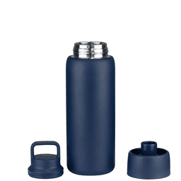 A drink bottle in dark blue with a stainless steel opening and two removable lids. It features a logo on the side.