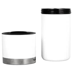 A insulated adjustable wine cooler in white with a black lid, featuring a stainless steel base. It has a logo.