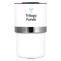 A drink bottle with a white exterior, silver band, and a logo. It features an insulated design for temperature retention.