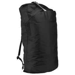 A black duffel bag with a mid blue accent, featuring shoulder straps and a zippered opening. Includes a logo.