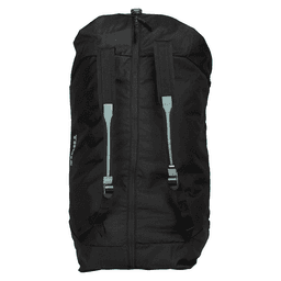 A black duffel bag with mid blue accents and adjustable straps, featuring a logo.