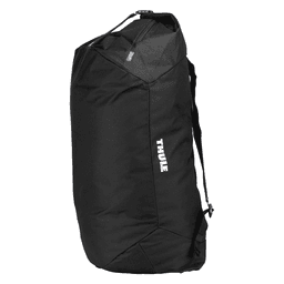 A black duffel bag with mid blue accents and a logo on the side.