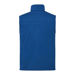 A blue men's eco waterproof softshell vest with no sleeves and a high collar, featuring a logo on the back.