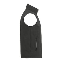 A dark green eco waterproof softshell vest featuring a zip pocket and a high collar. Contains branding.