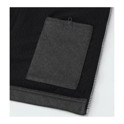 A dark grey softshell vest with a textured pattern and a patch pocket, featuring a logo.
