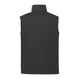 A black eco waterproof softshell vest with a high collar and a plain back. It features a logo on the design.