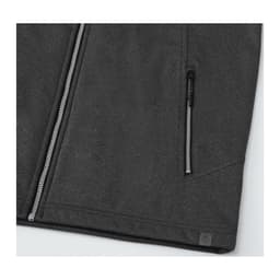 A grey waterproof softshell vest with a zippered pocket and a logo, featuring a smooth texture.