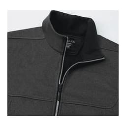 A grey softshell vest featuring a high collar and a zippered front, with a logo on the inside.