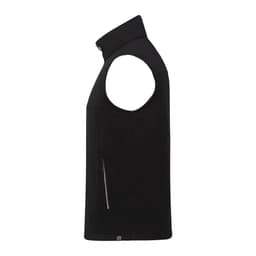 A black eco waterproof softshell vest with a high collar and zippered pocket, featuring a logo.