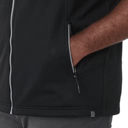 Men's black Joris Eco Waterproof Softshell Vest featuring side zip pockets and a branding logo.