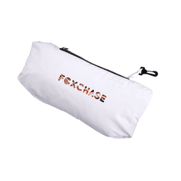 A white packable jacket with a zippered pocket, featuring a logo on the front.