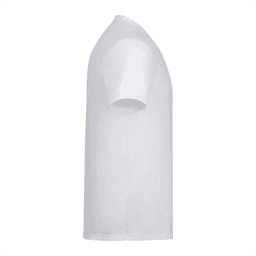 A white short sleeve T-shirt for men with a simple design and a logo on the side.