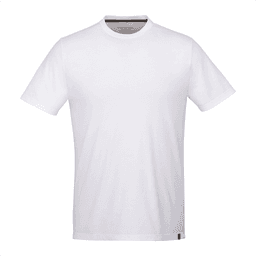A white short sleeve T-shirt for men featuring a logo on the hem. Casual and versatile design.