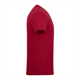 A red short sleeve t-shirt with a fitted design, featuring a logo on the side.