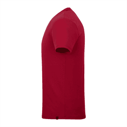 A red short sleeve tee for men with a fitted design, featuring a logo on the side.