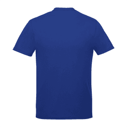A blue short sleeve t-shirt for men with a plain back. It features a logo on the back.