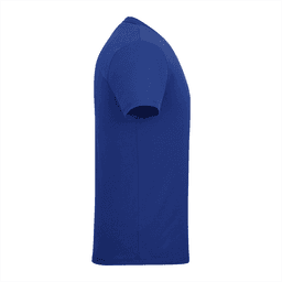 A blue short sleeve men's t-shirt with a simple design and branding.