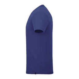 A blue men's short sleeve tee with a plain design and a logo on the front.