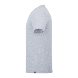 A grey short sleeve men's t-shirt with a logo, displayed from the side.