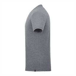 A grey short sleeve men's t-shirt with a fitted design and a logo on the side seam.