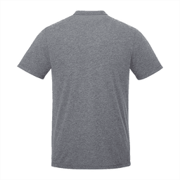 A grey short sleeve tee featuring a simple design and a logo on the back.