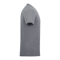 A grey short sleeve t-shirt for men, featuring a logo on the side.