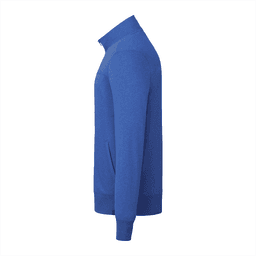 A full-zip men's fleece jacket in vibrant blue, featuring a high collar and side pockets. It has a logo on the chest.
