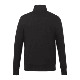 A black full zip fleece jacket for men, featuring long sleeves and a high collar, with a logo on the back.