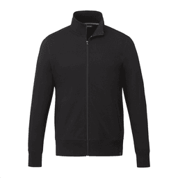 A black full zip fleece jacket for men featuring a high collar and a branded logo.