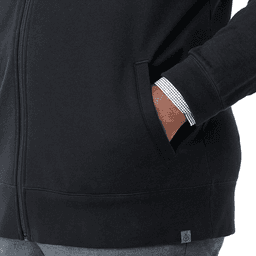 A black eco fleece full zip jacket for men, featuring side pockets and a contrasting inner cuff design.