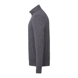 A men's full zip fleece jacket in a dark grey colour with a logo. Side view displays the jacket's structure.