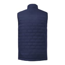A lightweight, packable insulated puffer vest in navy blue with a quilted design and a collar.