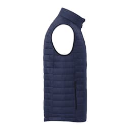 A men's lightweight packable insulated puffer vest in navy blue with a zippered pocket and a high collar.