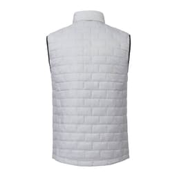 A lightweight, packable insulated puffer vest in light grey with a quilted design and a collar.