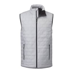 A lightweight, packable insulated puffer vest in light grey with black accents and a front zipper.