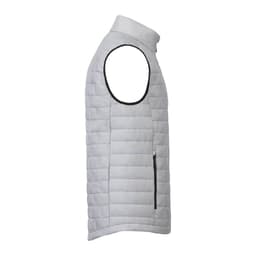 A lightweight packable insulated puffer vest in light grey, featuring a zippered side pocket and a stand-up collar.