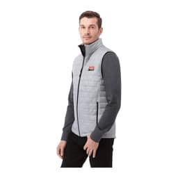 A lightweight, packable insulated puffer vest in light grey, featuring a logo, worn over a long-sleeve grey top.