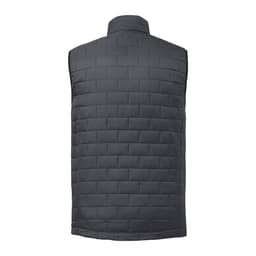 A grey lightweight packable insulated puffer vest with a quilted texture and no sleeves. Features a branding logo.