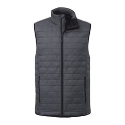 A lightweight packable insulated puffer vest in dark grey with a zip front and side pockets. Features a logo.