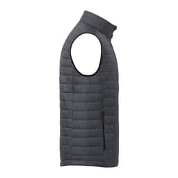 A lightweight, packable insulated puffer vest in dark grey with a zippered pocket and a high collar.