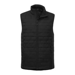 A black lightweight packable insulated puffer vest with a zip front and textured design, featuring pockets and a collar.