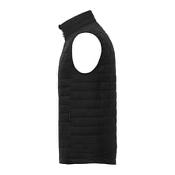 A black insulated puffer vest featuring a high collar and side zip pocket, with a logo on the front.