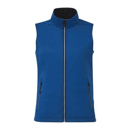 A sleeveless blue softshell vest with a high collar and zippered pockets, featuring a logo.