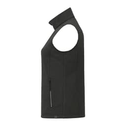 A women's eco waterproof softshell vest in dark grey with a zippered pocket and no sleeves. Features a branding logo.
